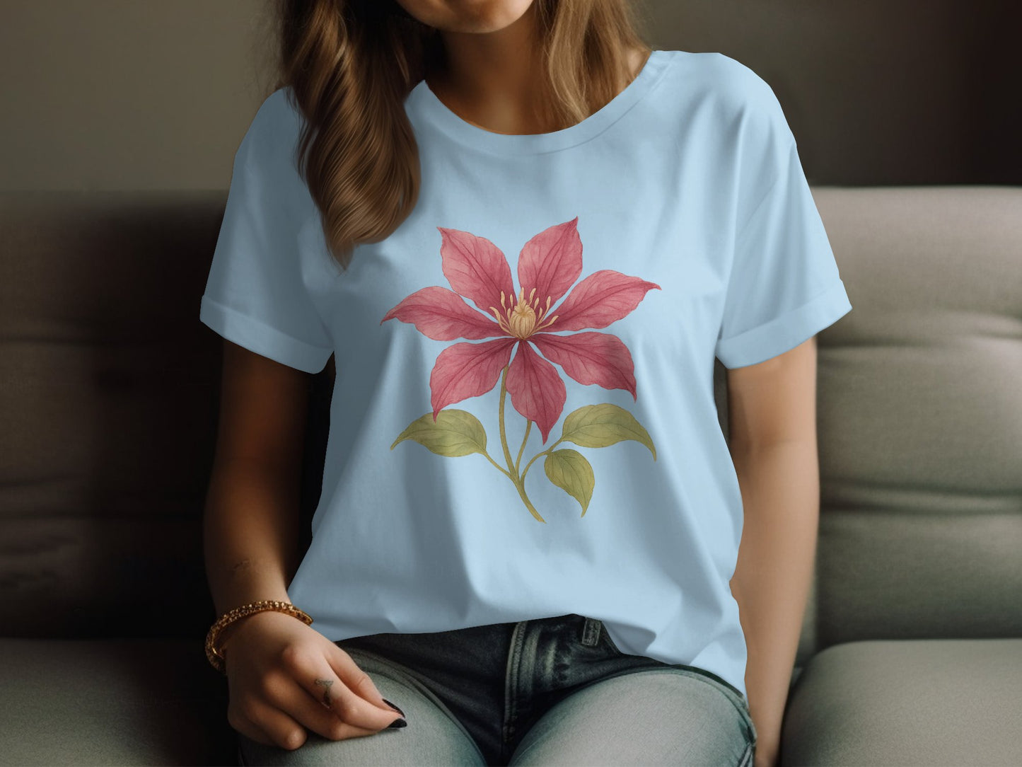 Beautiful Red Flower Printed on Blue T-Shirt product