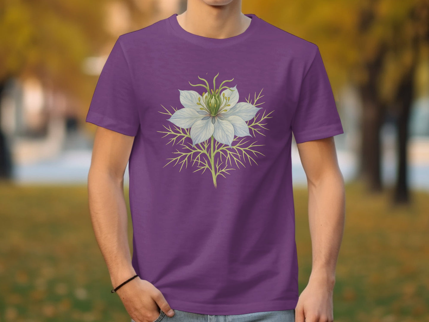 Purple Shirt Featuring Elegant White Flower Design product type