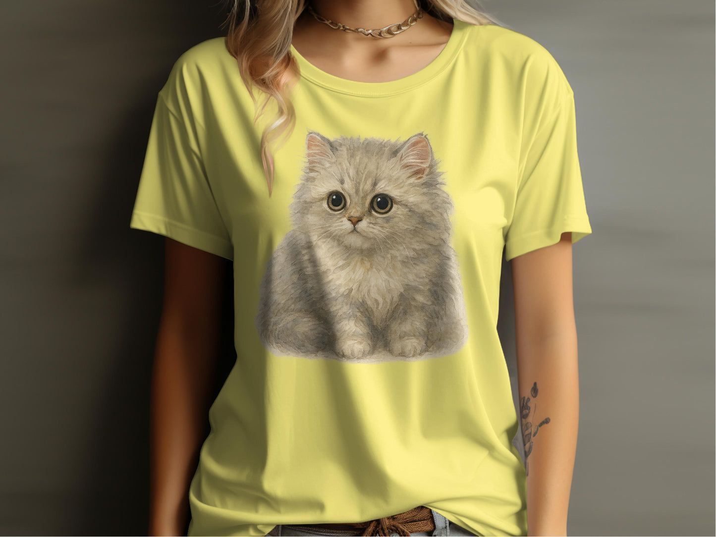 Adorable Fluffy Kitten Print on Yellow T-Shirt product