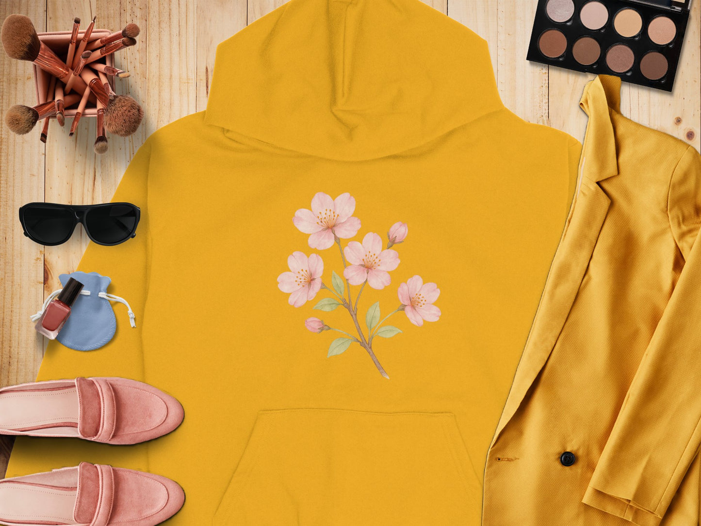 Floral Print Yellow Hoodie Fashion Product