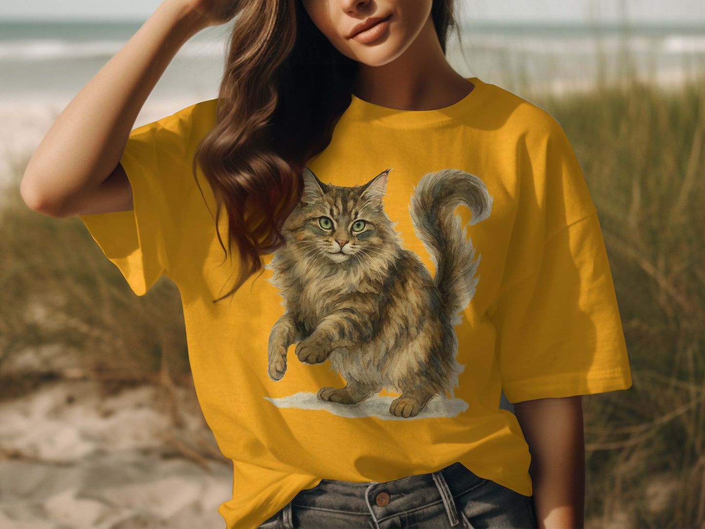 Yellow T-Shirt Featuring Relaxed Cat Artwork product type