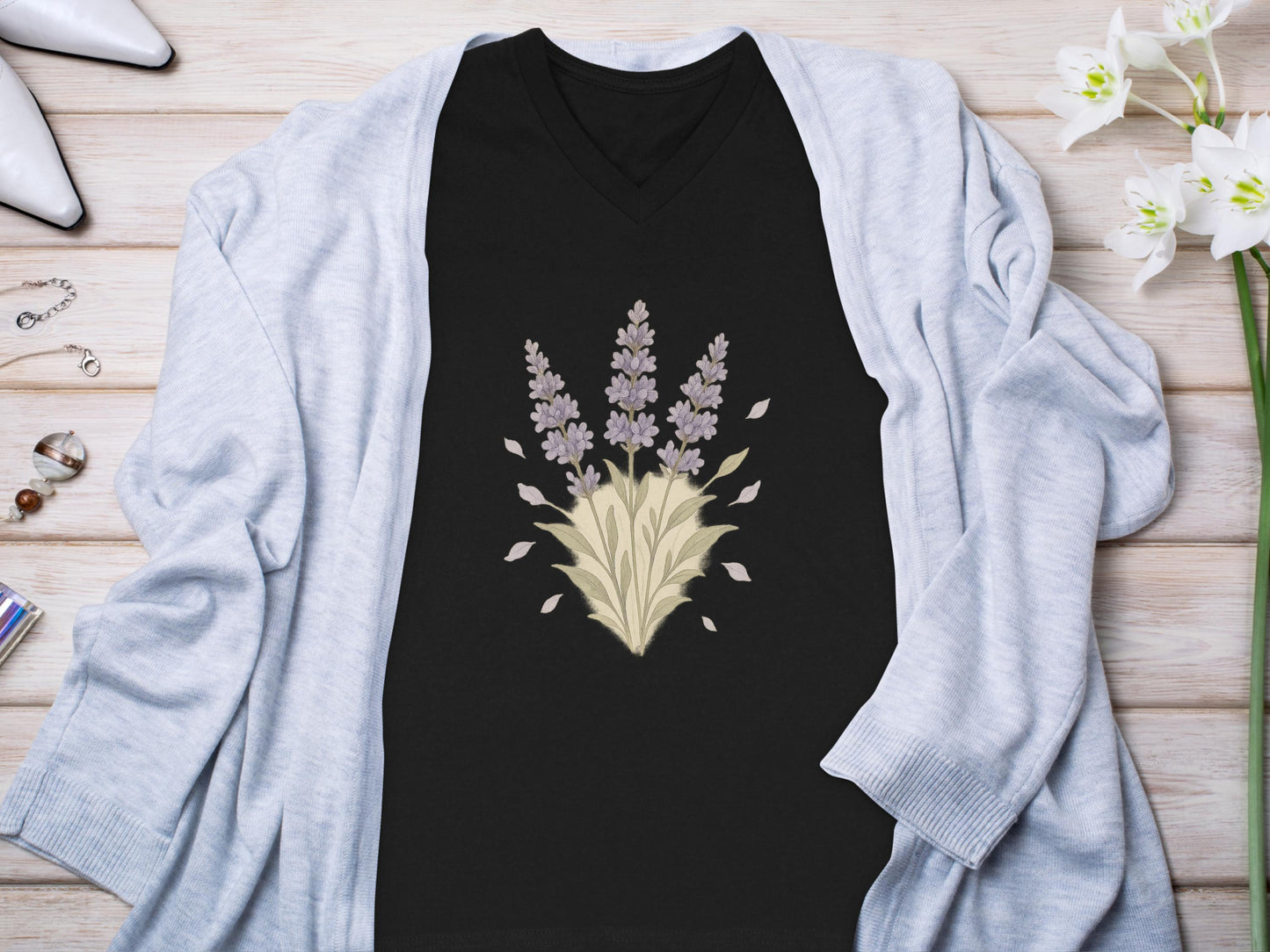 Elegant Black T-Shirt with Lavender Bouquet Design product