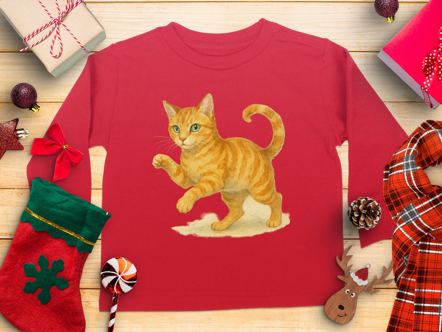 Cute Ginger Cat Artwork on Red Long Sleeved Shirt product