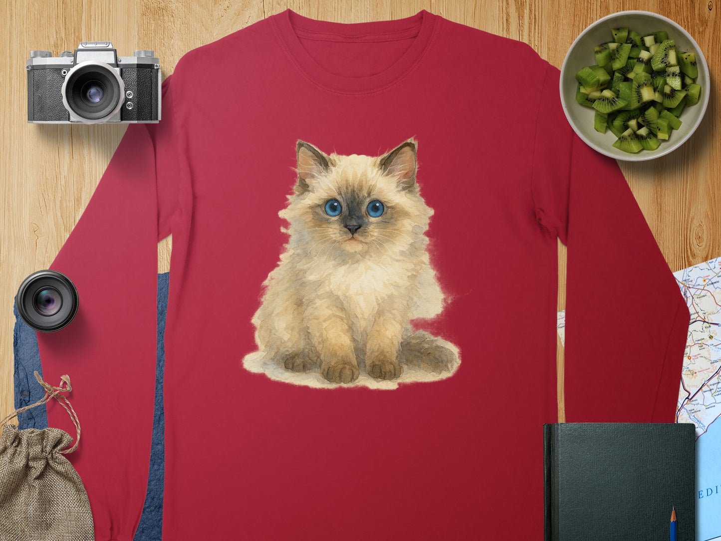 Adorable Kitten Print Long Sleeve Red Shirt product type