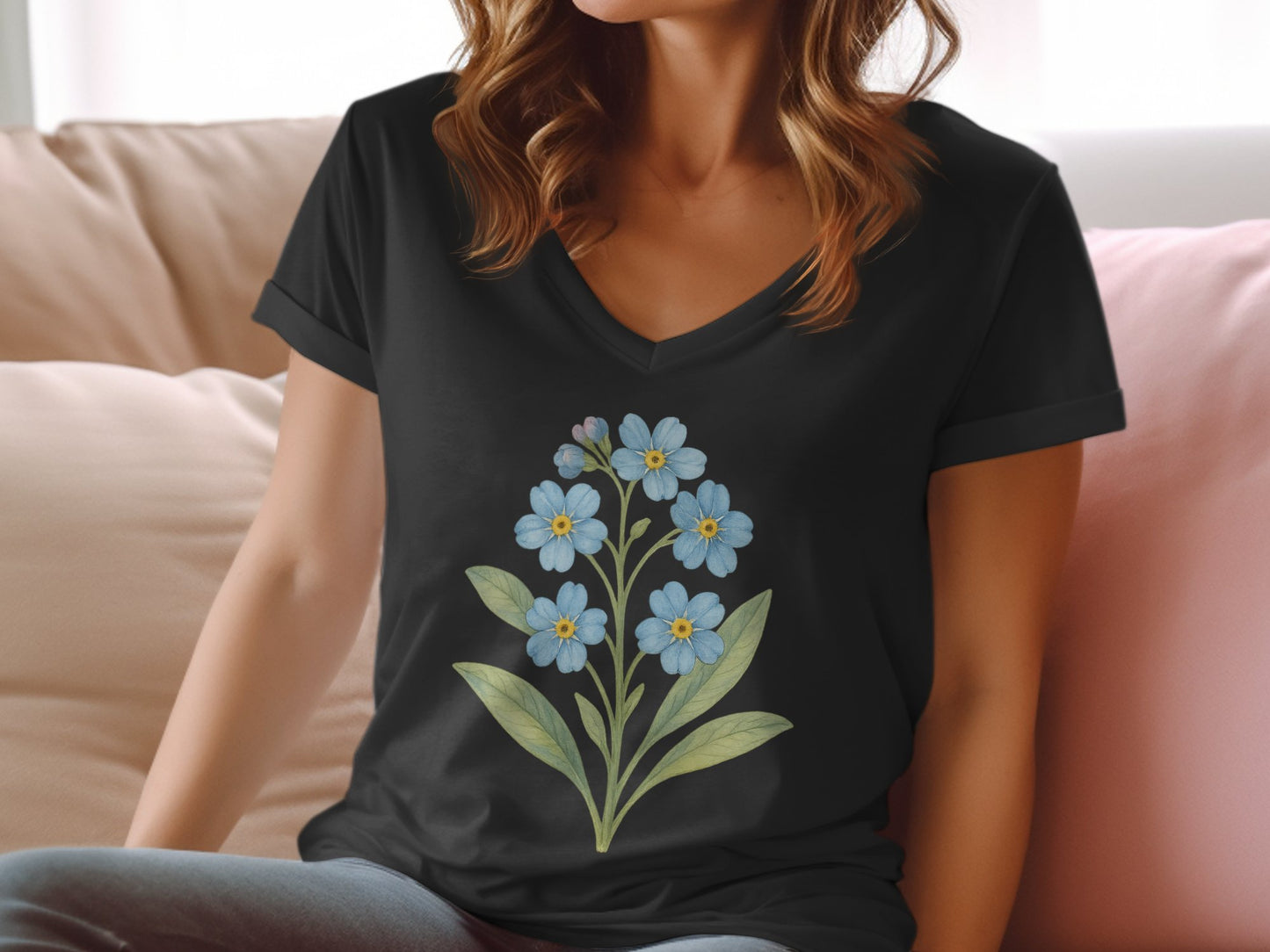 Lovely Blue Floral Print Black Women's T-shirt product type