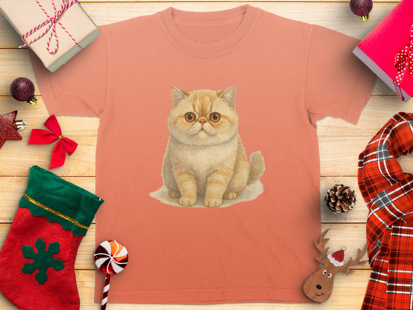 Cute Illustrated Kitten Beige T-Shirt Festive Product