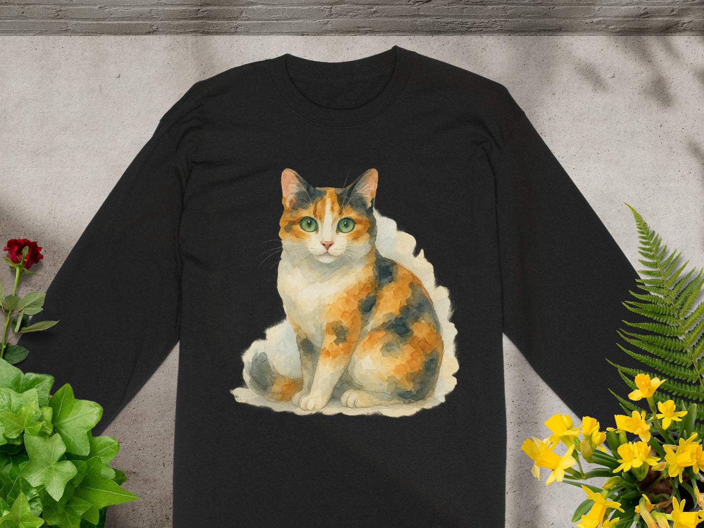 Vibrant Cat Illustration on Black Long Sleeve Shirt product type
