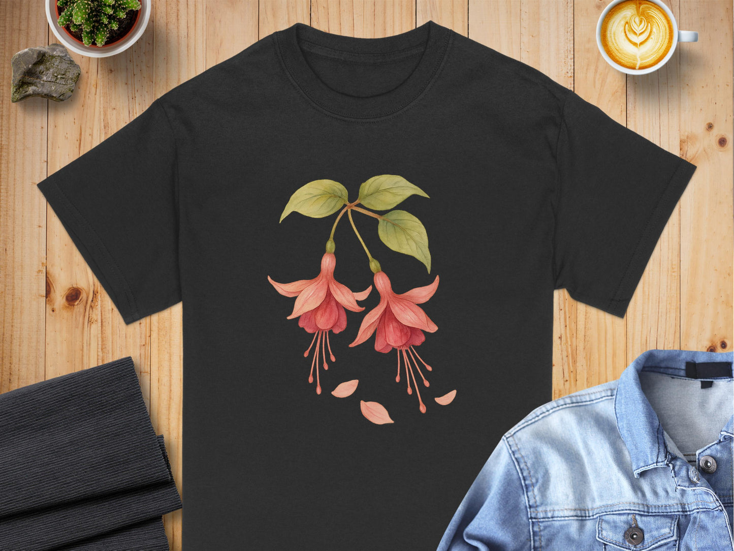 Beautiful Fuchsia Flower Art on Black T-shirt product