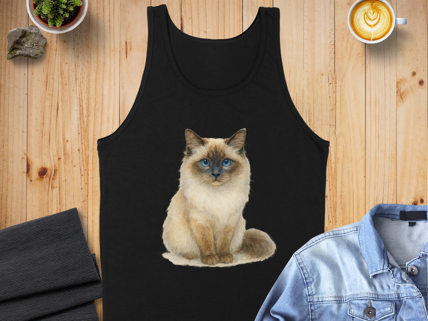 Cute Blue-Eyed Cat Print on Black Tank Top product type