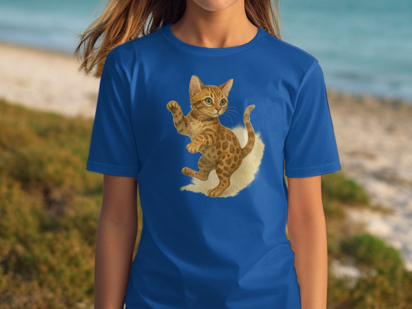 Adorable Playful Cat Design on Blue T-shirt product