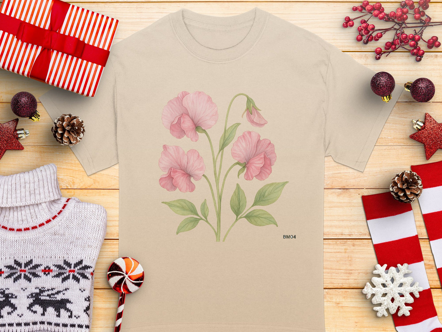 Sweet Pea Flower Printed Beige T-Shirt product