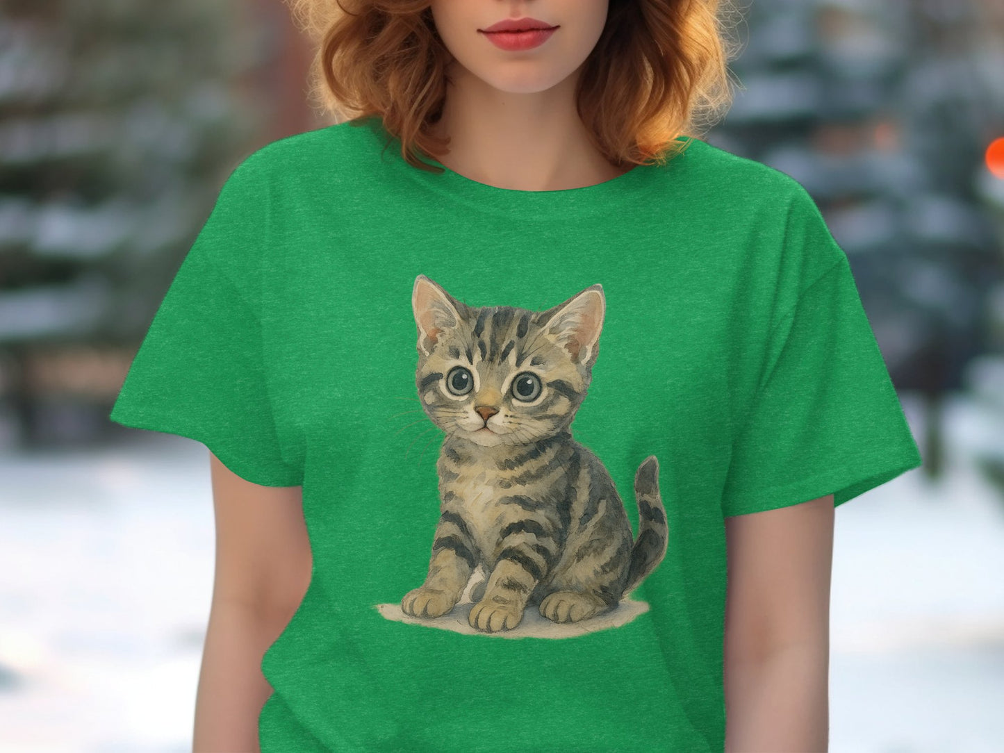 Cute Kitten Illustration on Green T-Shirt product