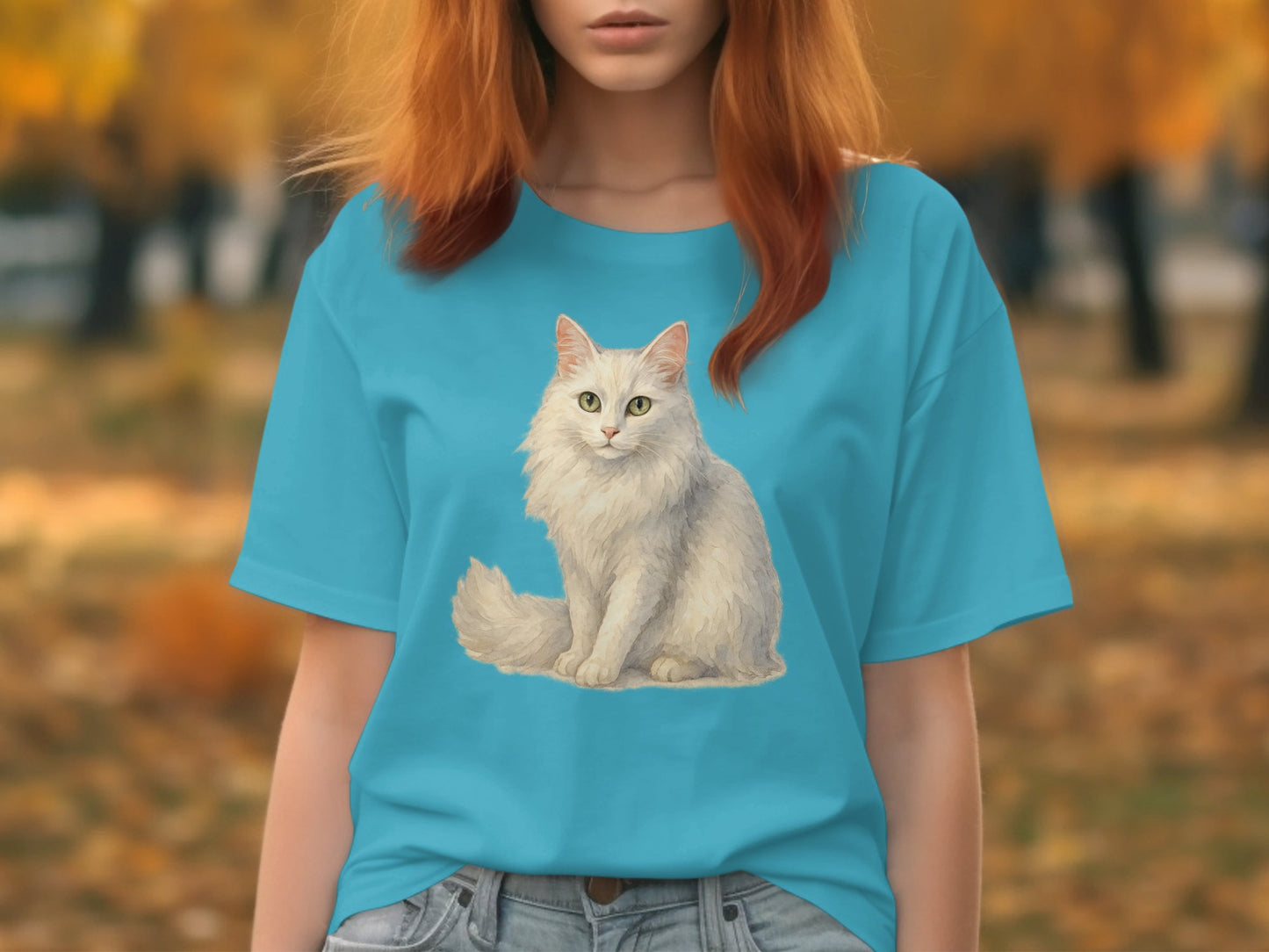 Beautiful White Cat Image on Light Blue T-shirt product
