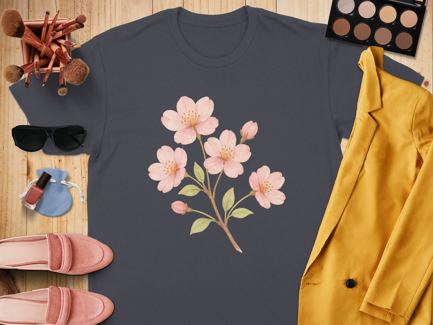 Beautiful Pink Blossom Graphic on Black T-Shirt product type