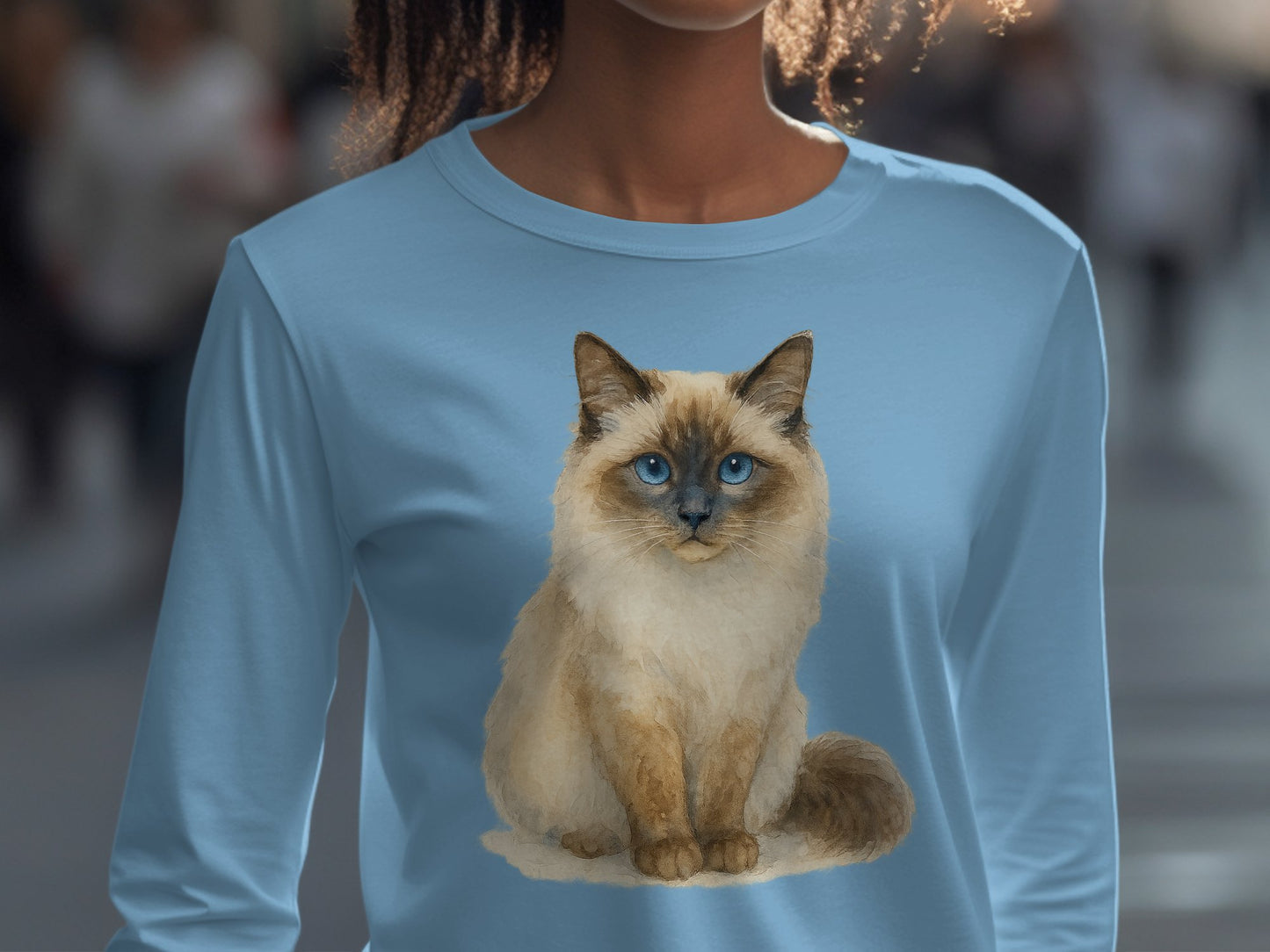 Cute Blue Eyed Cat Print Women's Long Sleeve Shirt product type