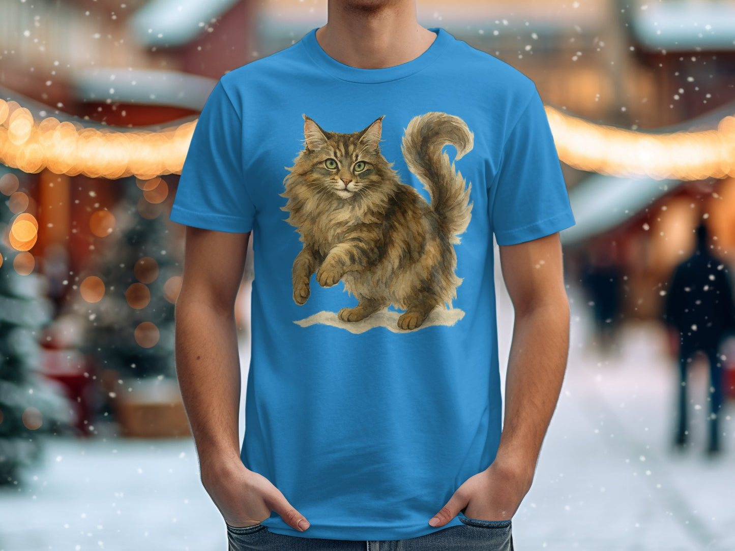 Festive Cat Illustration on Blue Graphic T-Shirt product type