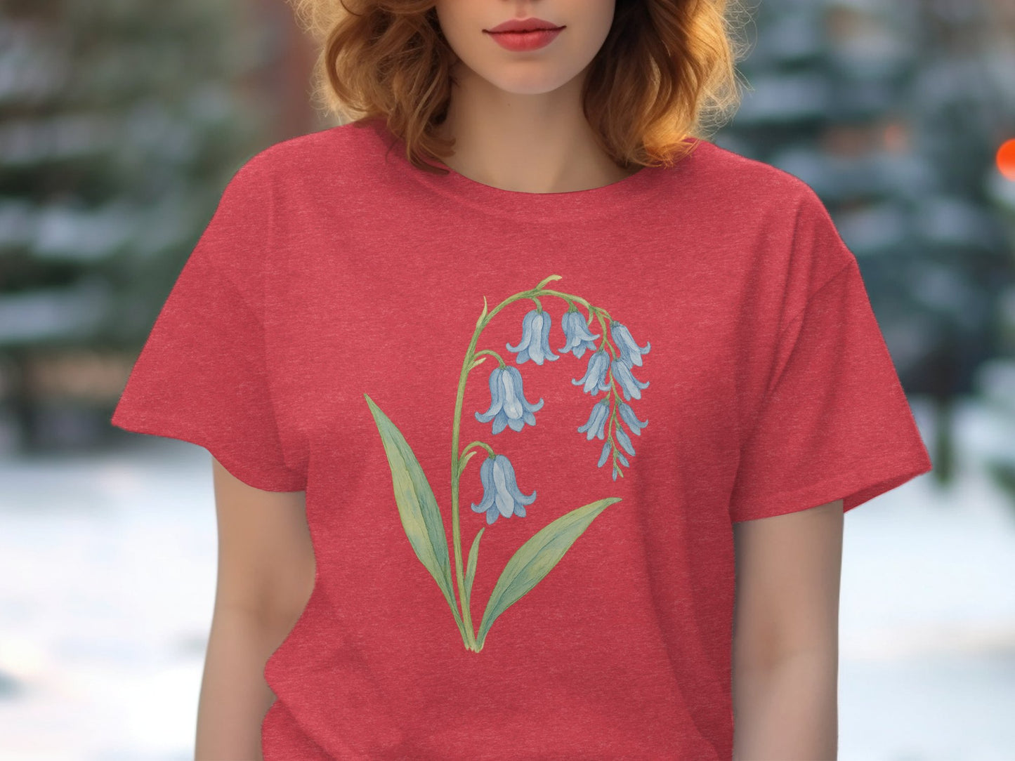 Bluebell Floral Art on Casual Red Tee Shirt product type