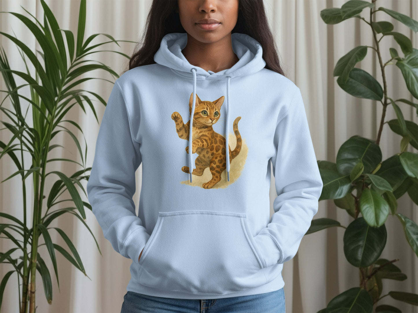 Playful Kitten Design Printed Blue Hoodie Product
