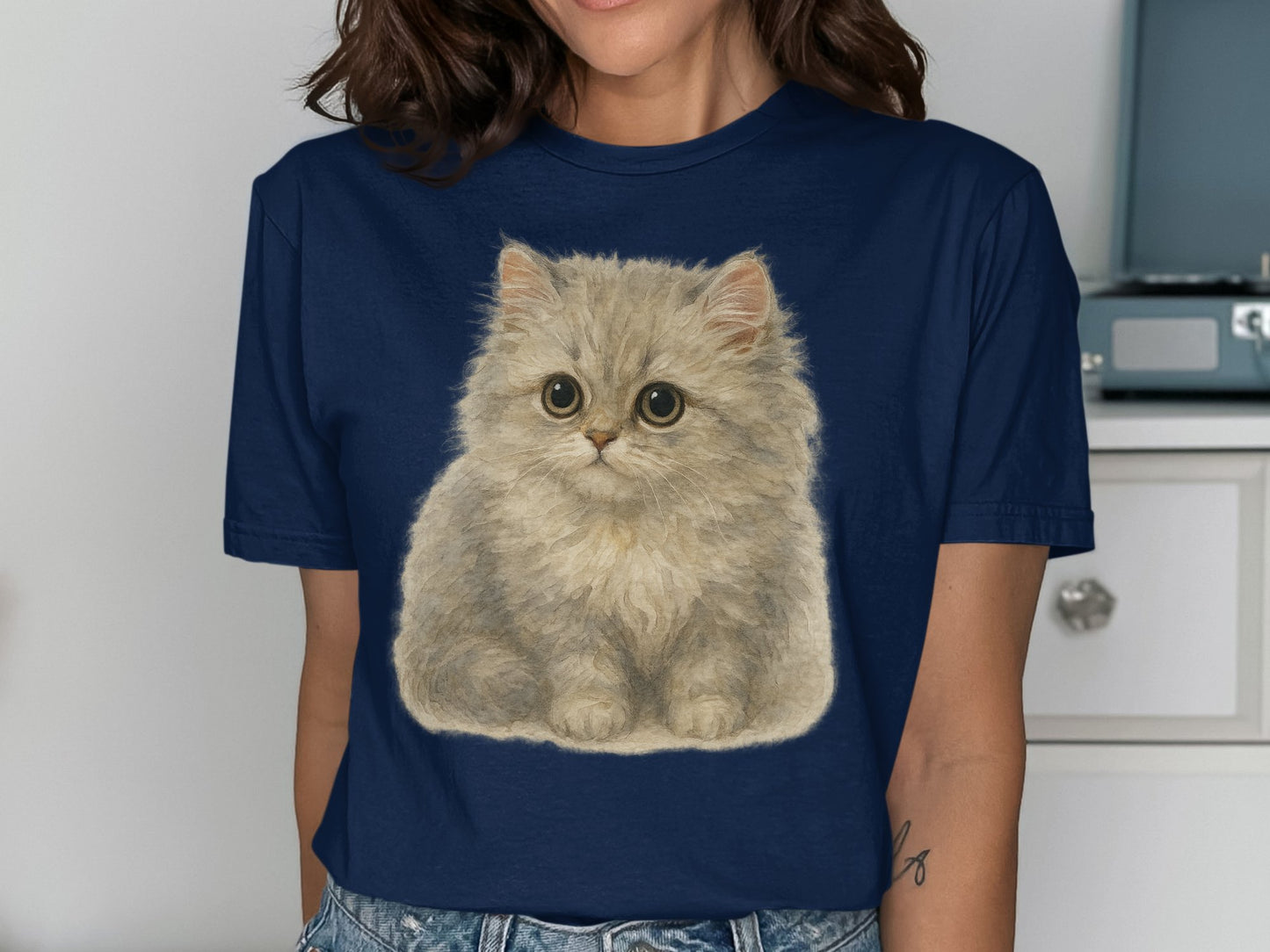 Cute Fluffy Kitten Design on Blue T-Shirt product