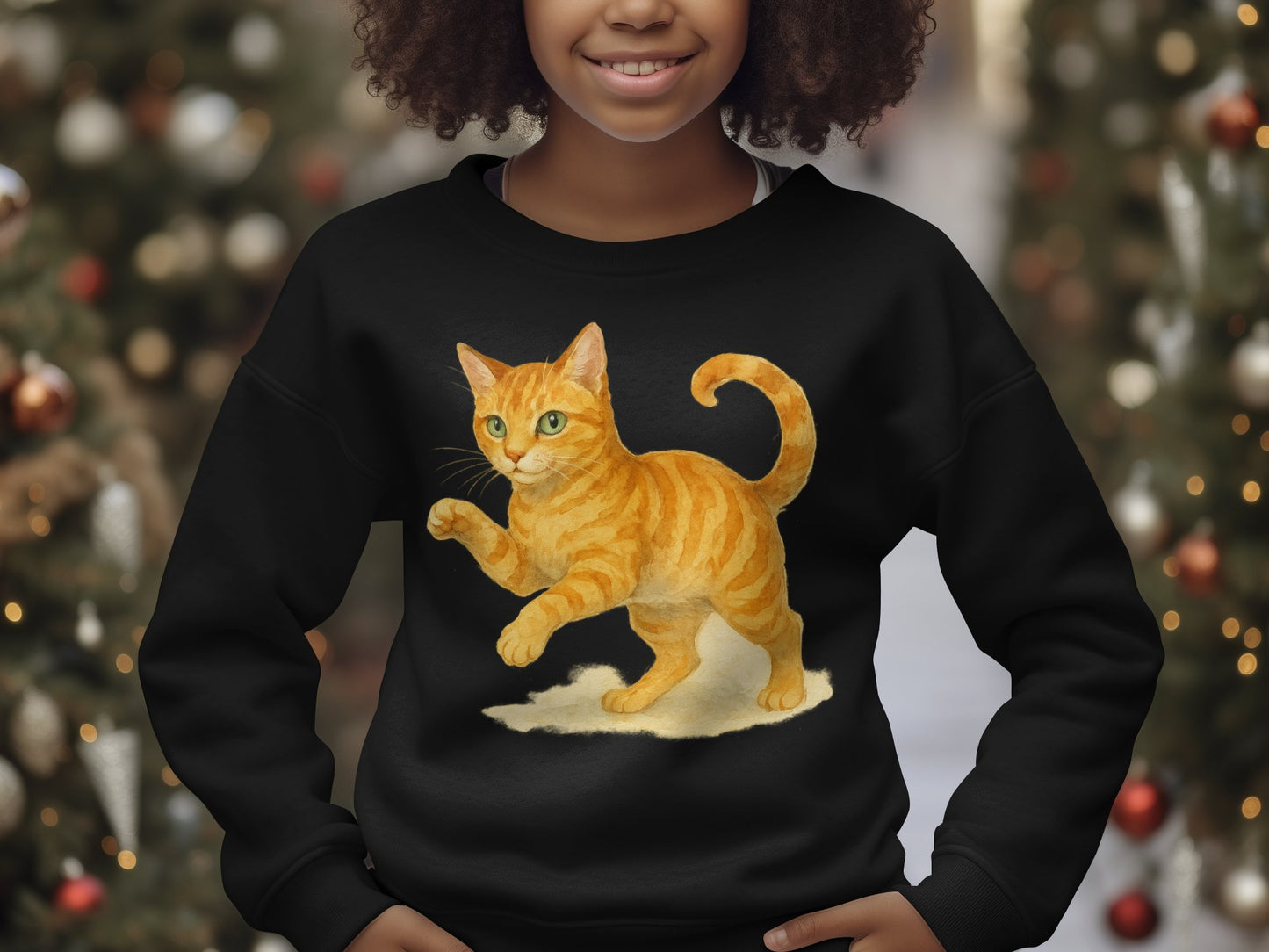 Cute Orange Cat Print on Black Sweater product type