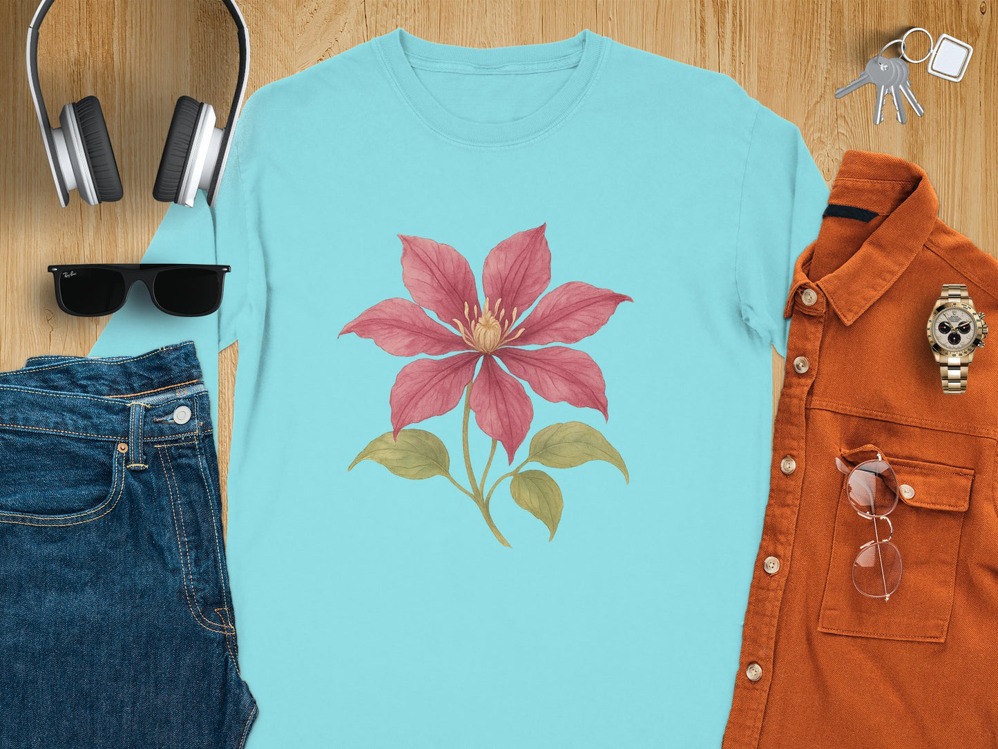 Blue T-shirt with Pink Flower Design T-shirt product