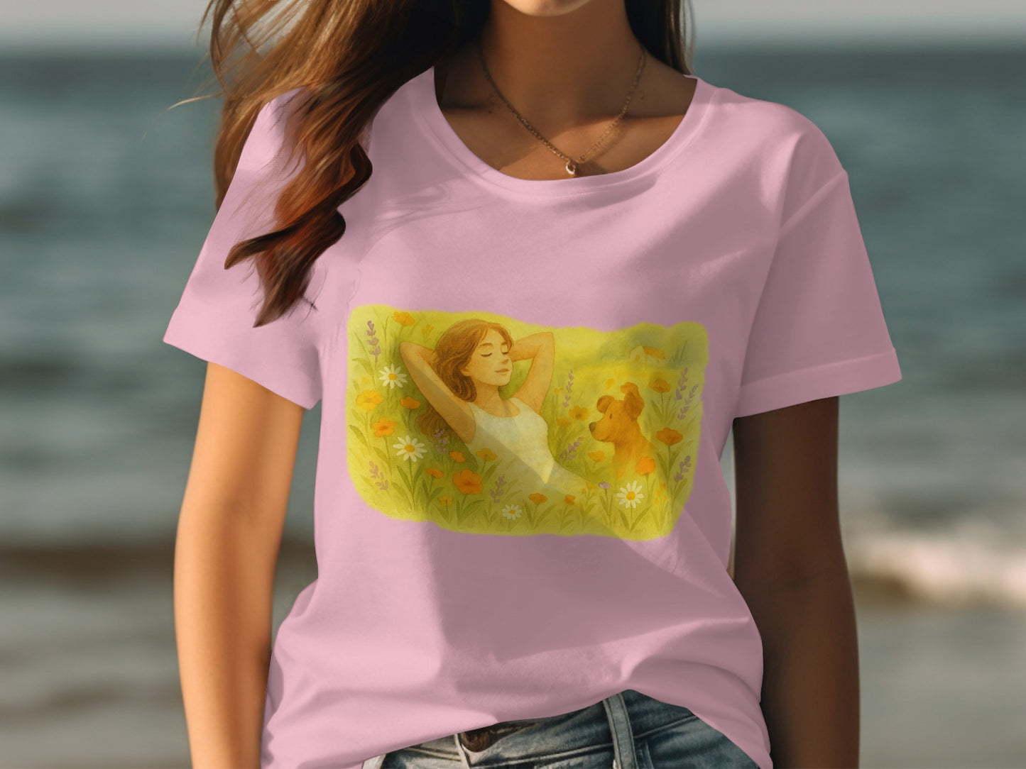 Relaxing Woman and Dog Print Casual T-Shirt product type
