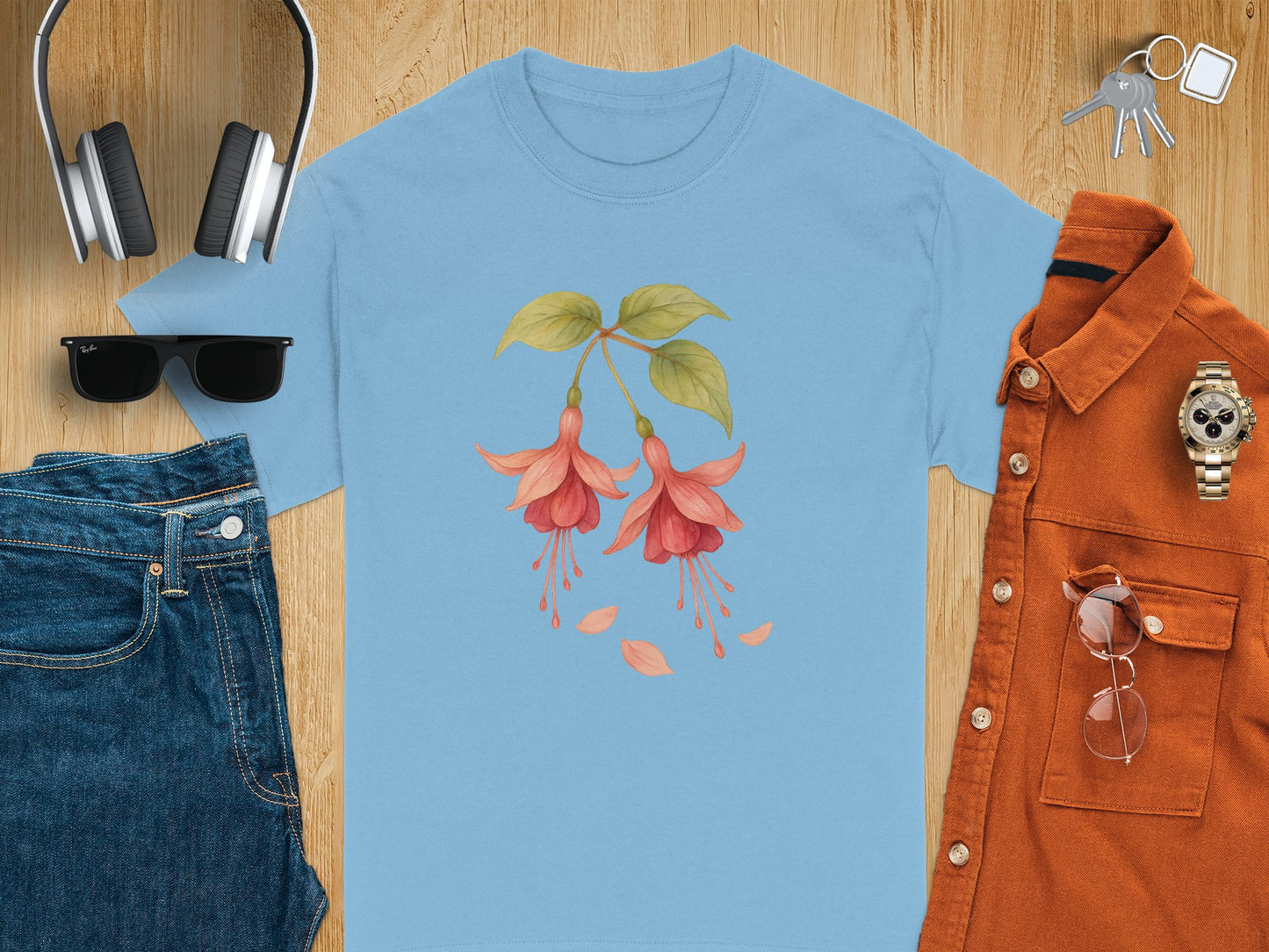 Beautiful Floral Design on Light Blue Shirt product