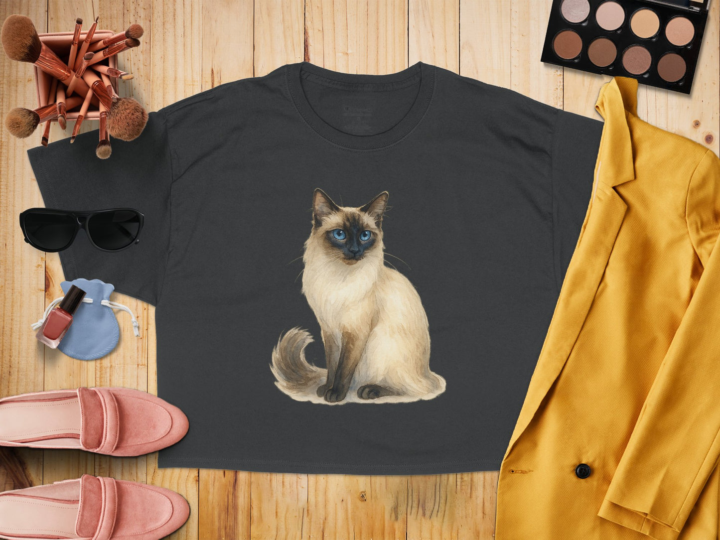 Siamese Cat Illustration on Dark Tee Shirt product