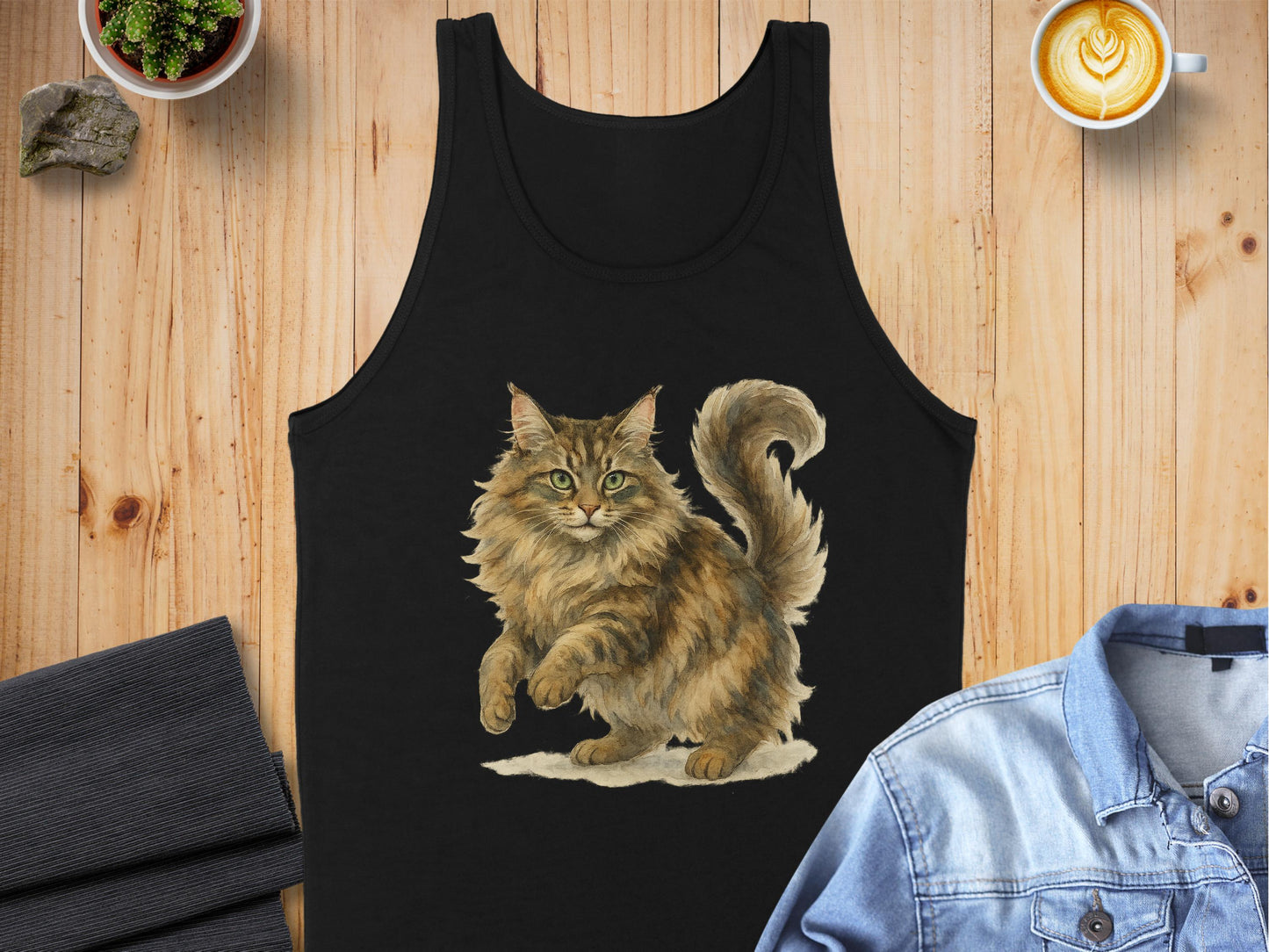 Majestic Fluffy Cat Illustration on Black Tank Top product