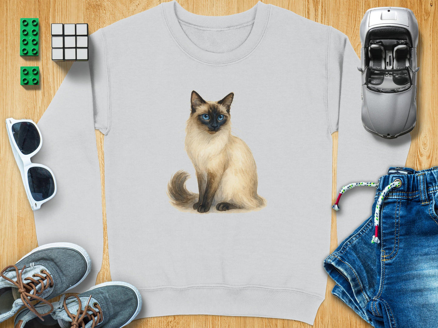 Cute Blue-Eyed Cat Print Sweatshirt Cozy Warm Apparel Product Type