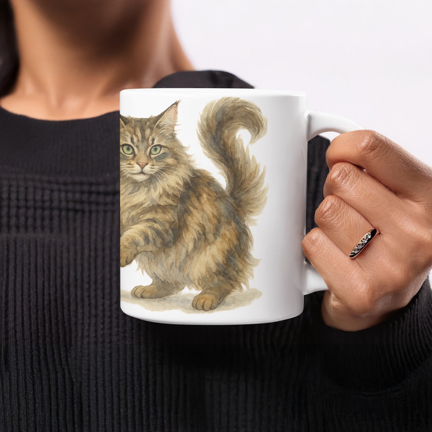 Adorable Fluffy Cat Illustration Ceramic Mug product type