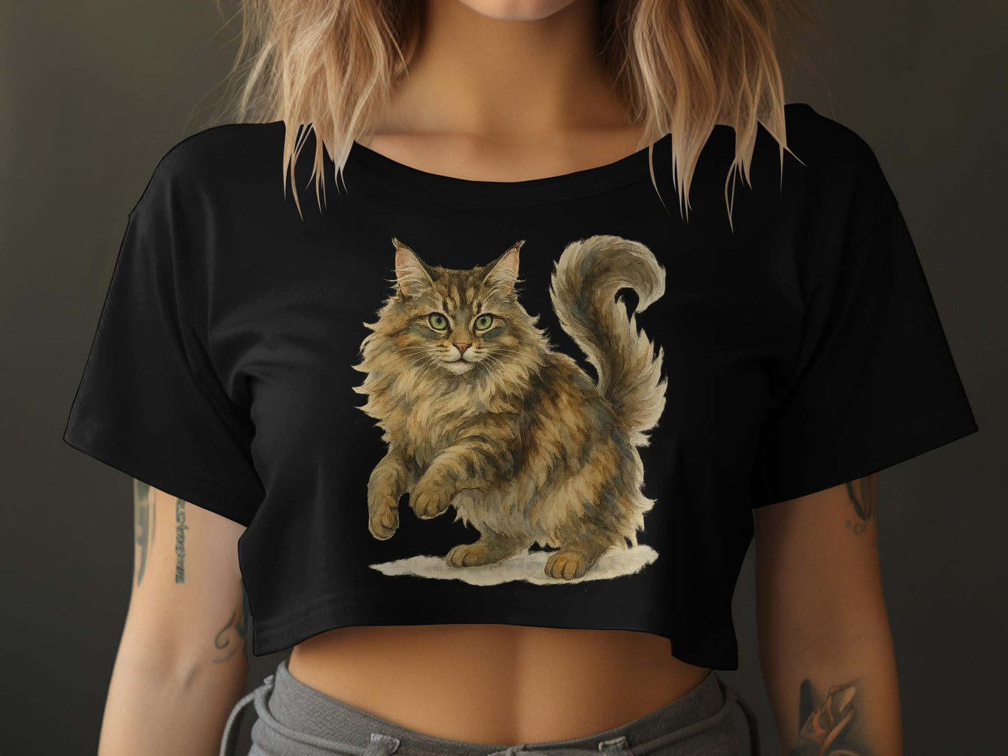 Stylish Cat Print on Black Crop Top Shirt product type