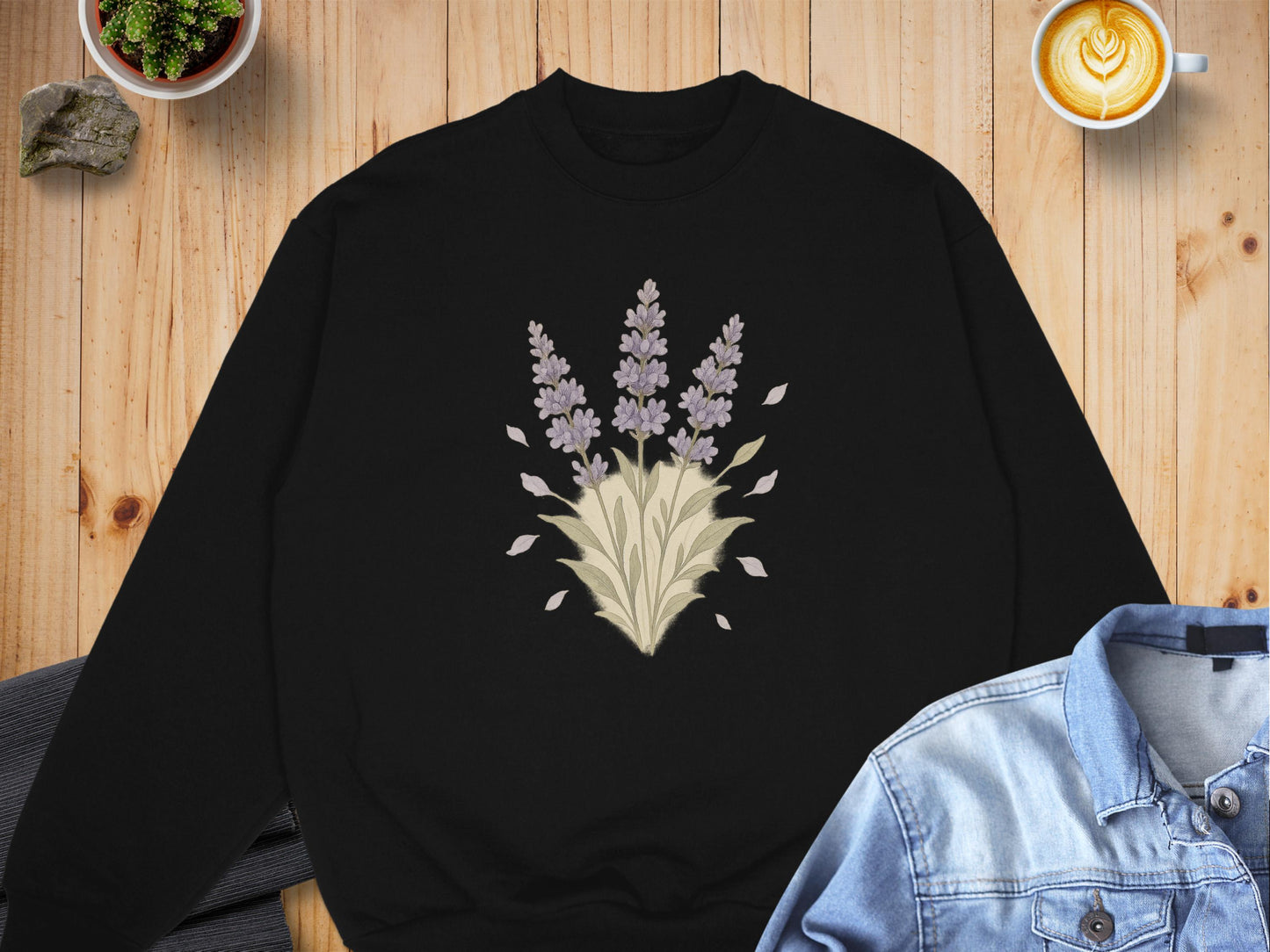 Lavender Floral Print Black Crewneck Sweatshirt product