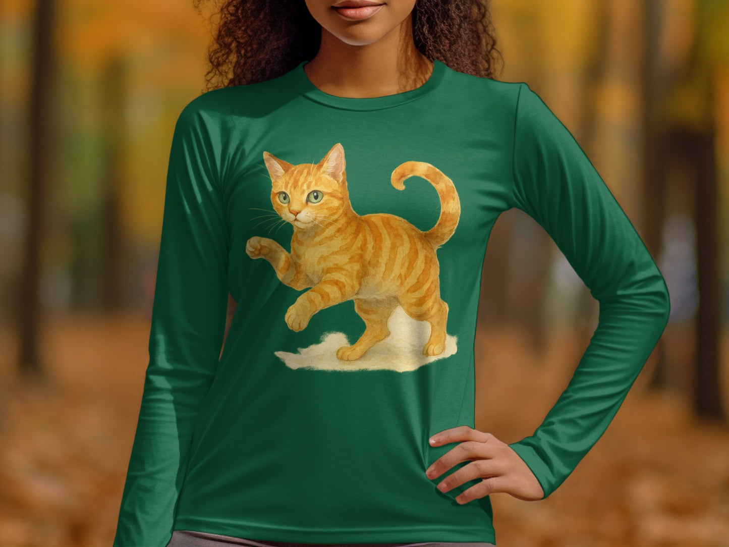 Playful Orange Cat Green Long Sleeve Shirt product
