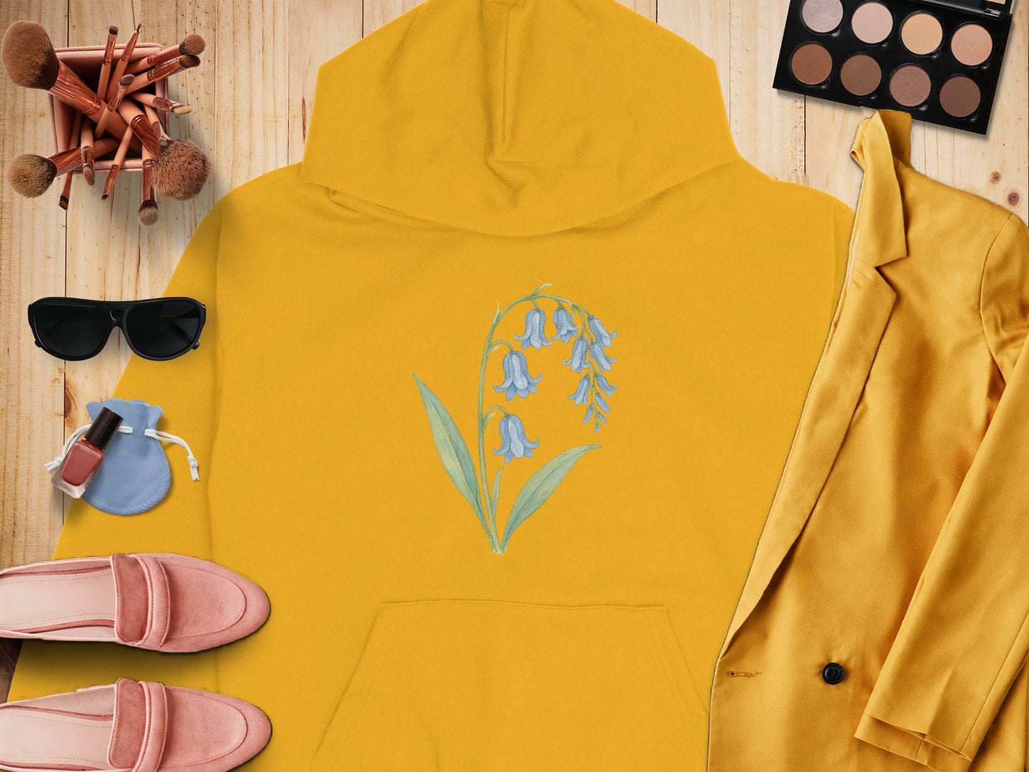 Yellow Hoodie with Blue Flower Design product