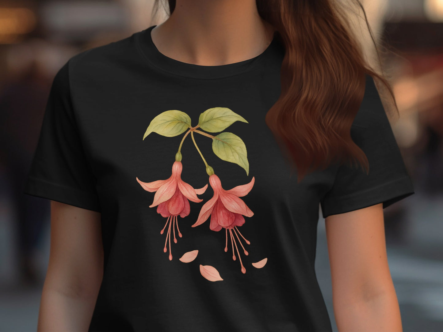 Elegant Fuchsia Blossom Design Black Shirt product