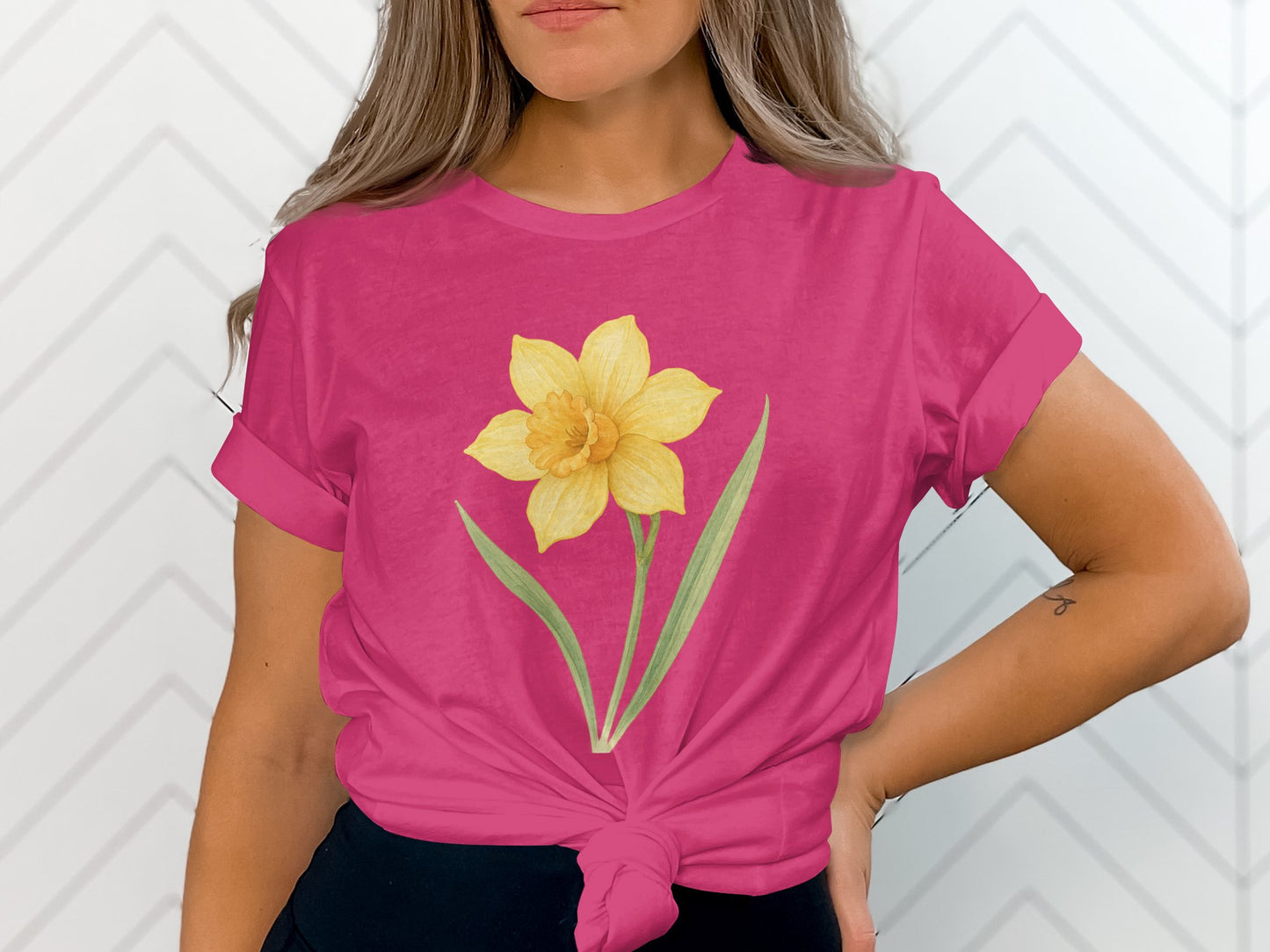 Bright Yellow Daffodil Graphic Pink Tee Shirt product type
