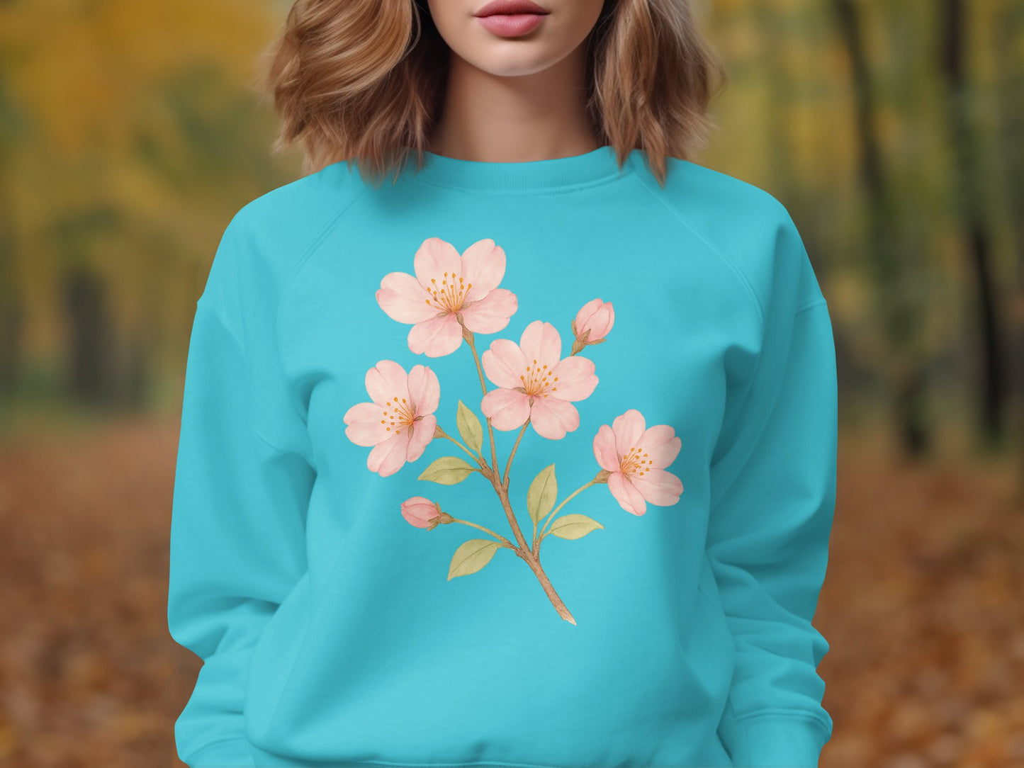 Pink Blossom Artwork on Blue Cozy Pullover product type