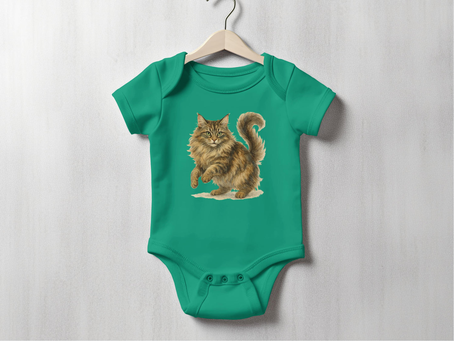 Cute Fluffy Cat Print on Green Baby Bodysuit product