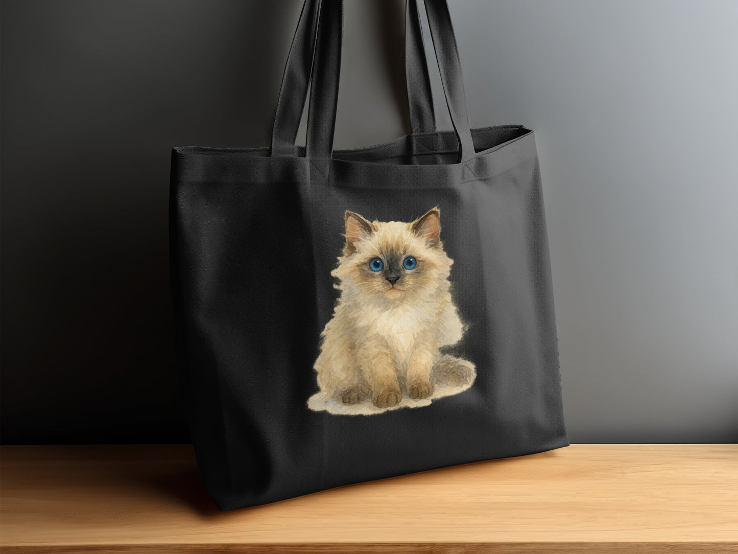 Adorable Blue-Eyed Kitten Design on Black Tote Bag product