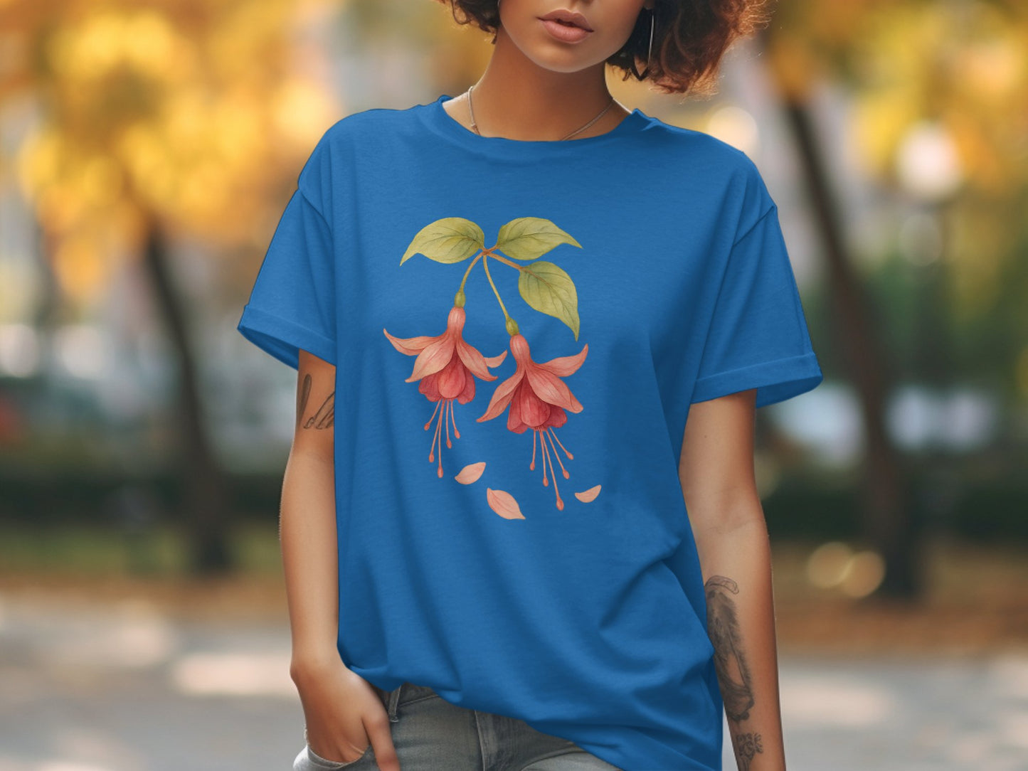 Blue Tee with Fuchsia Flowers Print T-shirt product
