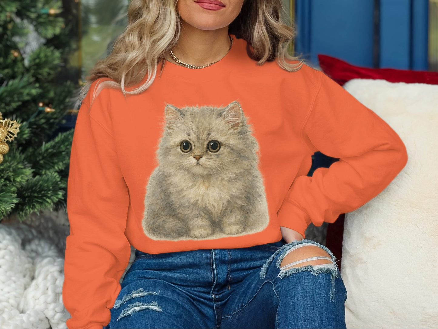 Cute Fluffy Kitten Print Orange Unisex Sweatshirt product