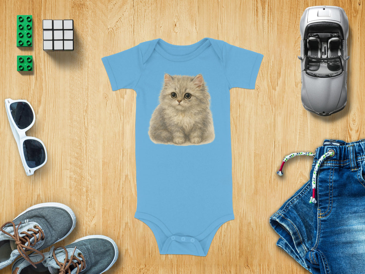 Cute Fluffy Kitten Print Blue Onesie Baby product