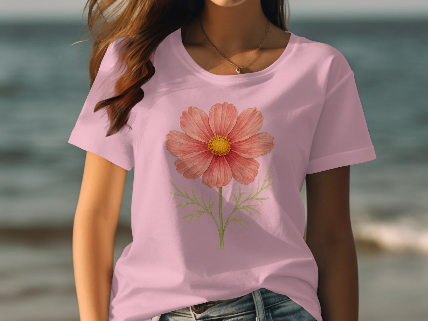 Beautiful Pink Flower Print Casual Wear T-shirt product