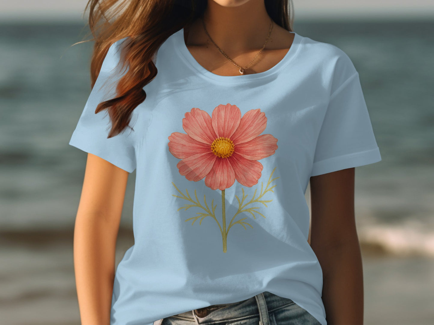 Vibrant Pink Flower Design on Light Blue Shirt product type