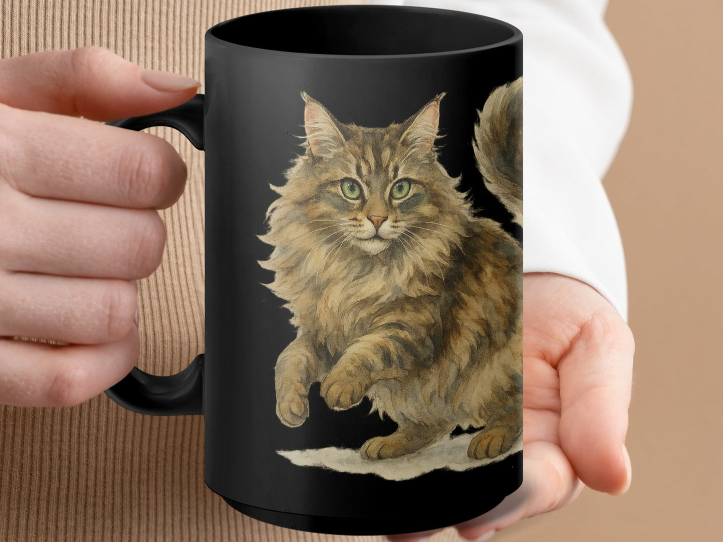 Cute Fluffy Cat Printed Black Coffee Mug Product