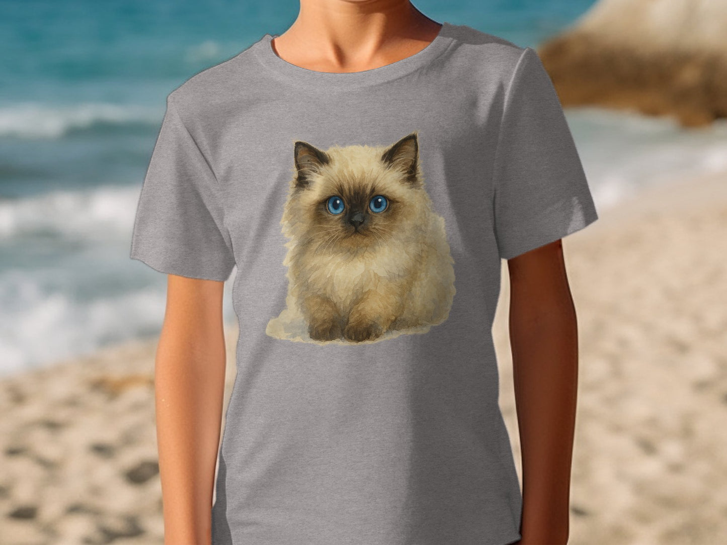 Cute Fluffy Blue-Eyed Cat Print T-Shirt product type