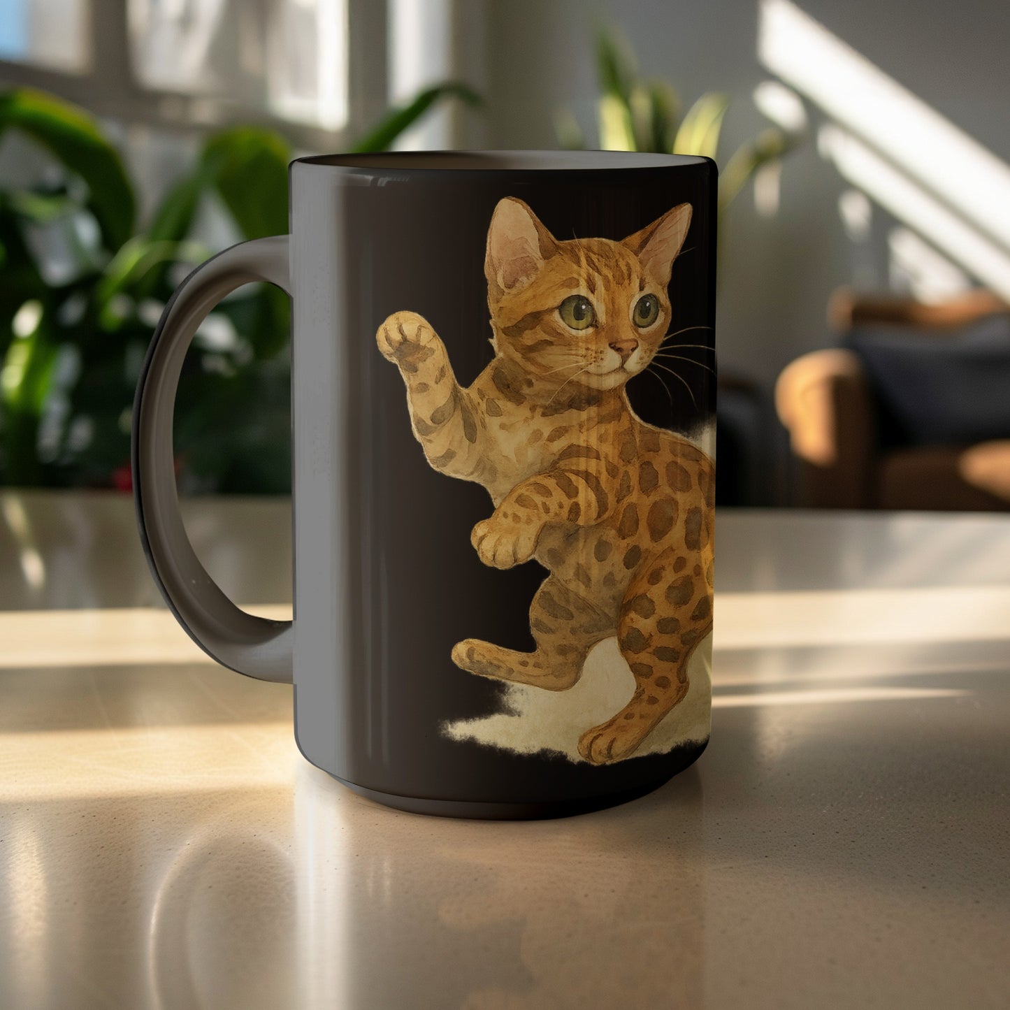 Playful Bengal Cat Artwork on Black Mug product