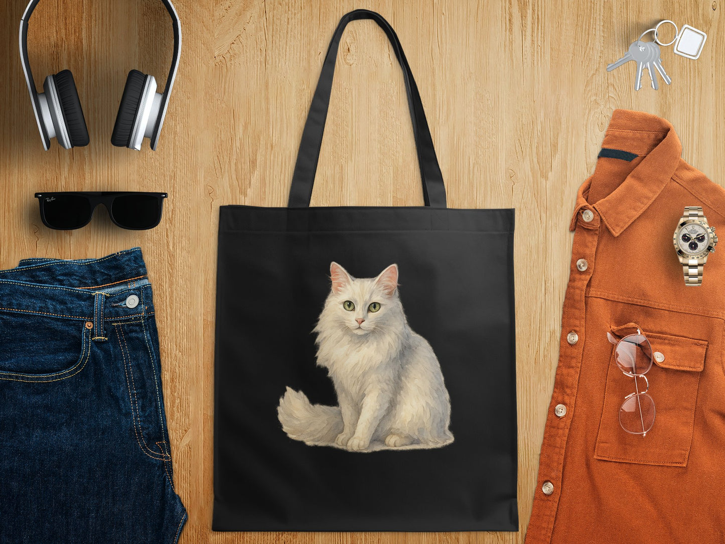 Elegant White Cat on Black Tote Bag product type