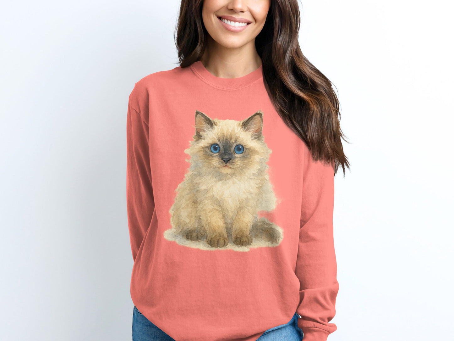 Adorable Fluffy Kitten Print Coral Long Sleeve Shirt Product Type